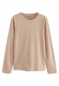 Long-sleeve, crew-neck t-shirt in light beige cotton. Smooth texture with double-stitched hems. Brand label reads "NEXT."