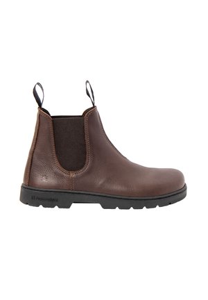 Brauner Leder-Chelsea-Stiefel mit schwarzen elastischen Seitenteilen, schwarzen Zuglaschen und einer schwarzen Gummisohle mit Profil.