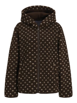 Ruda flisinė striukė su baltais taškeliais, ilgomis rankovėmis, pilno priekinio užtrauktuko ir prisegama kapišonu, pateikta ant balto fono.