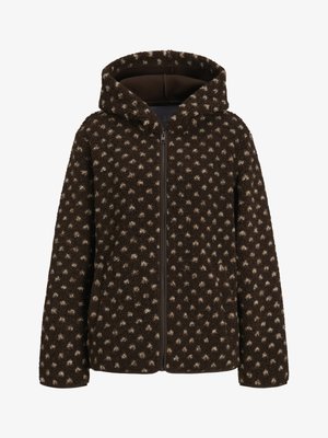 Brown fleece jacket with white polka dots, long sleeves, full front zipper, and attached hood, displayed on a white background.