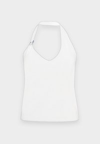 White halter top featuring a deep V-neck, a unique shoulder design with gold and blue hardware accents, and a smooth, soft texture.