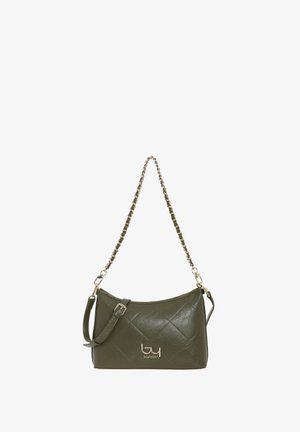 Borsa a spalla in ecopelle verde oliva con design trapuntato, accessori in oro e tracolla a catena rimovibile. Tracolla regolabile abbinata.