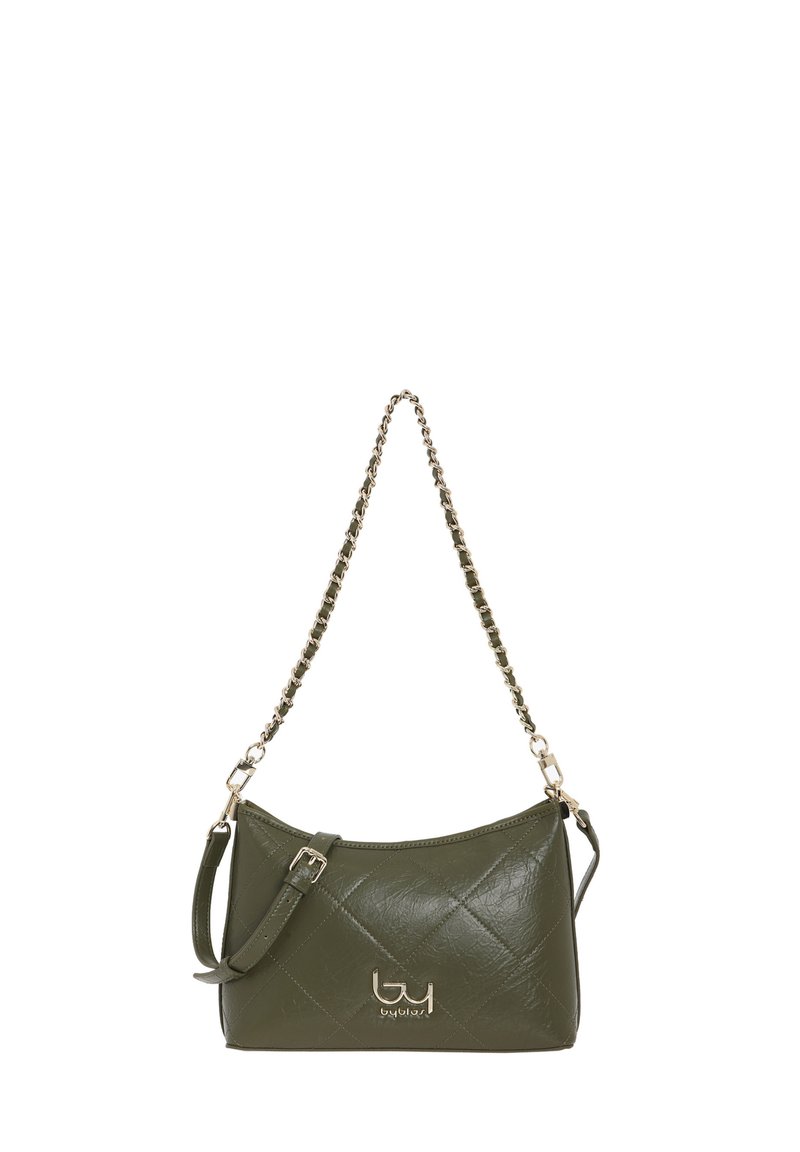 Borsa a spalla in ecopelle verde oliva con design trapuntato, accessori in oro e tracolla a catena rimovibile. Tracolla regolabile abbinata.