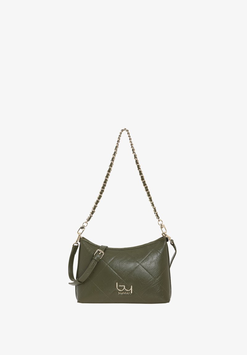 Borsa a spalla in ecopelle verde oliva con design trapuntato, accessori in oro e tracolla a catena rimovibile. Tracolla regolabile abbinata.