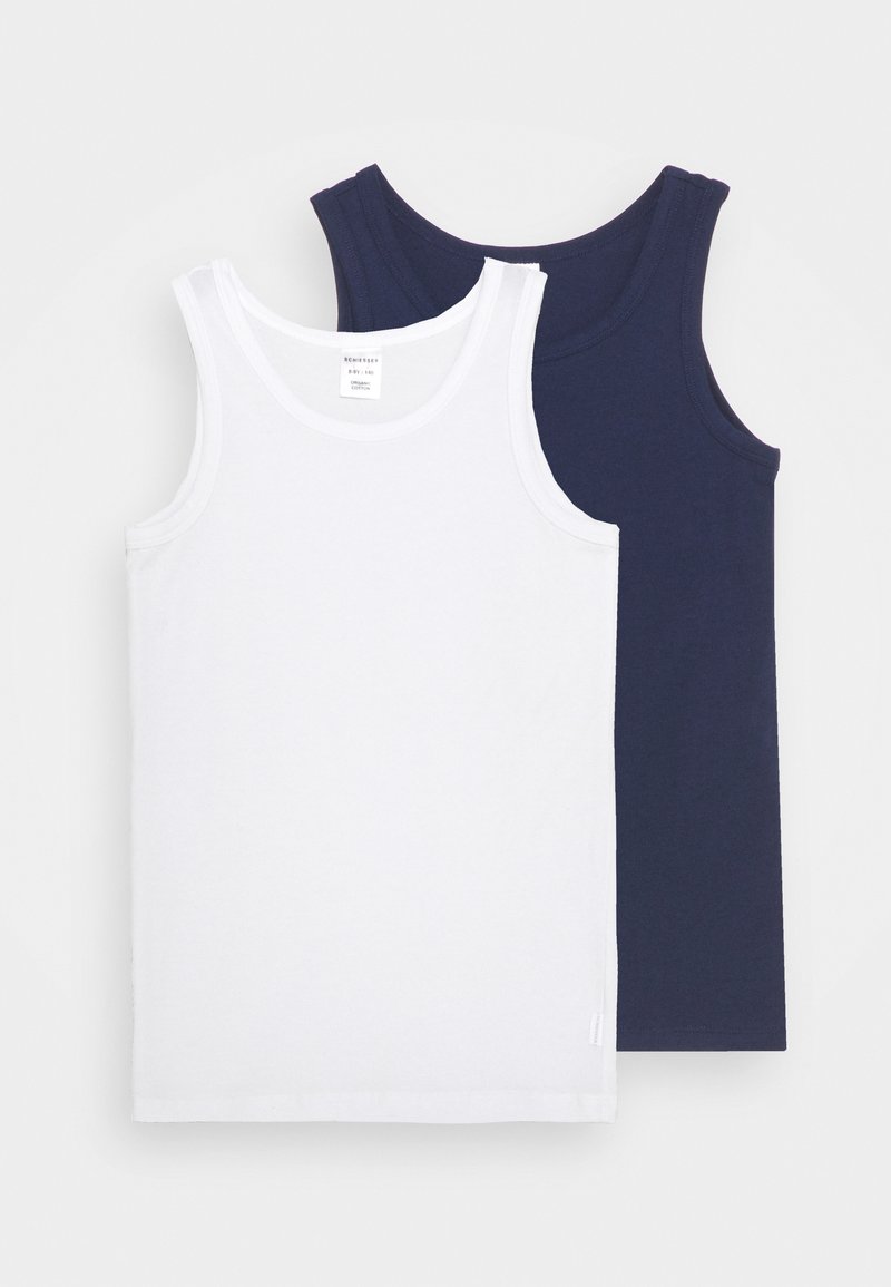 Dois tops de algodão: um branco e um azul marinho. Ambos apresentam um formato clássico com alças largas e uma textura suave.