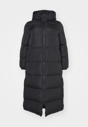 Sort puffet jakke med hætte, der har en frontlynlås og quiltede sektioner til isolering. Knelang design. Glat ydre tekstur.