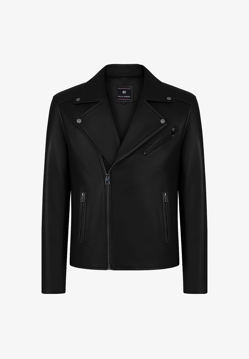 Veste de moto en cuir noir avec un revers cranté, fermeture éclair à l'avant, deux poches zippées et une poche poitrine avec des coutures d'accent.