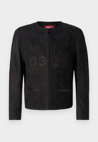 Fekete bőrkabát kerek gallérral, cipzáras záródással, texturált felületen, hímzett mintákkal és két elülső zsebbel.