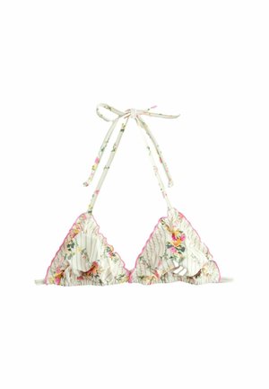 Floral-patterned triangle bikini top with ruffled edges, white and green stripes, and pink trim. Ties at neck and back for adjustable fit.