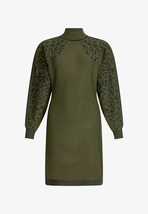 Robe vert olive à manches longues, dotée d'un motif léopard noir sur les épaules et en tissu tricoté texturé. Design à col montant.