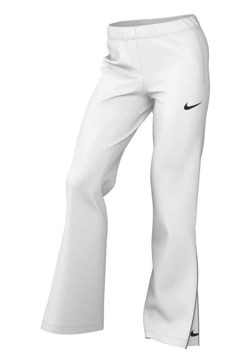Pantaloni atletici bianchi con vita elasticizzata, design a gamba svasata e logo Nike nero sul lato. Tessuto morbido con zip laterali.