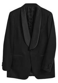 Giacca da smoking nera con rever in raso, chiusura a un bottone, due tasche frontali e tre bottoni decorativi su ciascun polsino. Tessuto con una texture liscia.