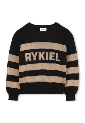 Black and gold striped knitted sweater with ribbed cuffs and hem. Features bold "RYKIEL" lettering across the chest.