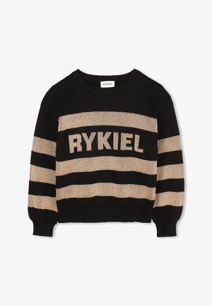 Black and gold striped knitted sweater with ribbed cuffs and hem. Features bold "RYKIEL" lettering across the chest.