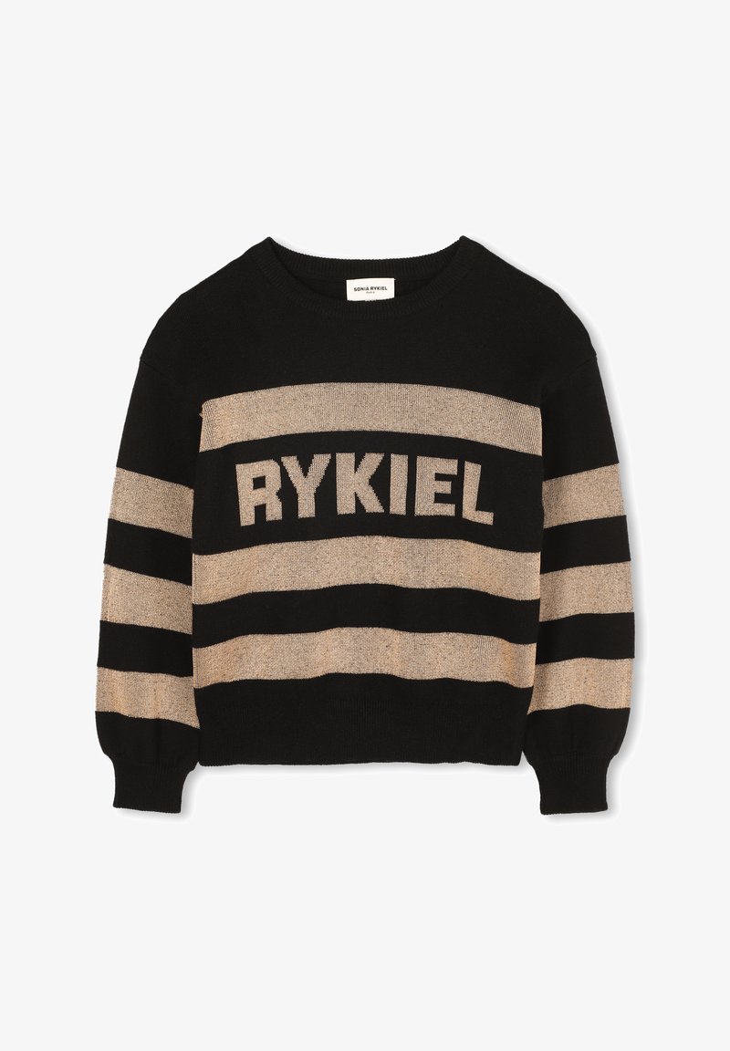 Czarny i złoty sweter dzianinowy w paski z prążkowanymi mankietami i dołem. Posiada odważny napis "RYKIEL" na piersi.