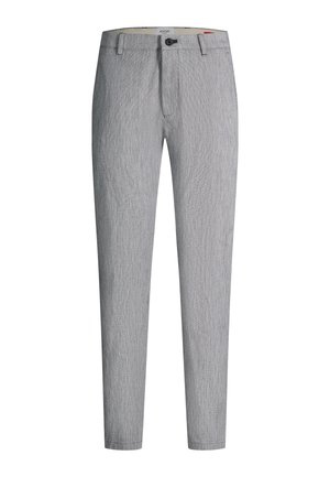 Hellgraue, schmal geschnittene Herrenhose mit dezenter Struktur, Gürtelschlaufen, Knopfverschluss und verdecktem Reißverschluss.