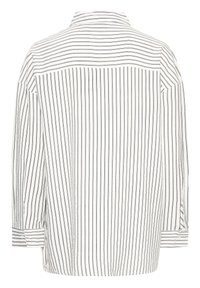 White long-sleeve shirt with vertical black stripes on body and horizontal stripes on upper back and shoulders.