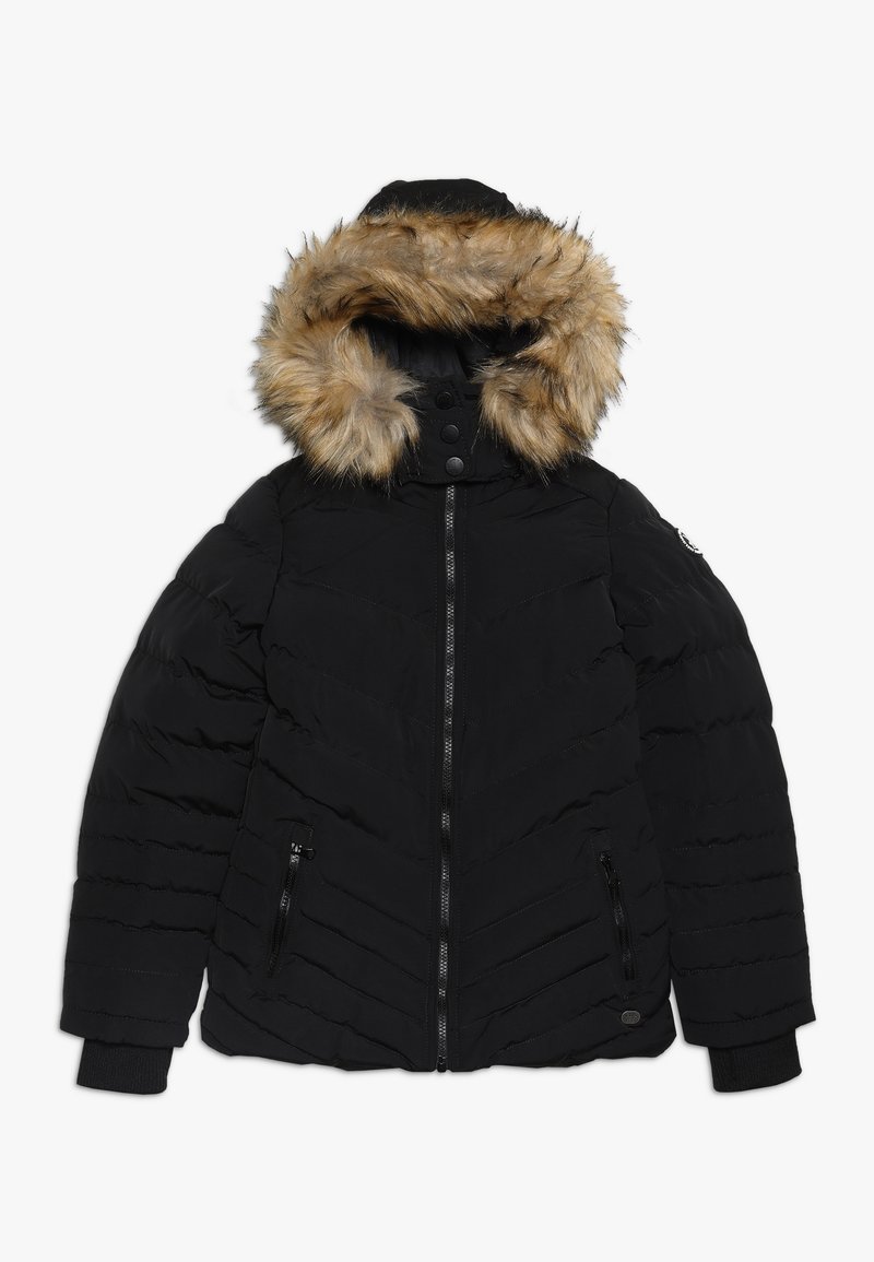 Černá péřová bunda s odnímatelnou kapucí s kožešinovým lemováním v béžové barvě, se zipovými kapsami, pružnými manžetami a chevronovým prošíváním.