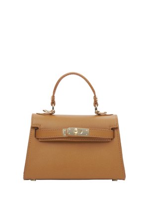 Kleine gestructureerde handtas van lichtbruin leer met een handvat aan de bovenkant en een goudkleurige draaivergrendeling op de voorklep.