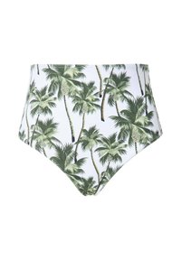 Hoog gepositioneerde bikini onderkant met een witte basis en een groen palmbomenpatroon. Gemaakt van een gladde stof met een zachte textuur.