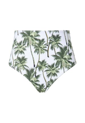 Hoog gepositioneerde bikini onderkant met een witte basis en een groen palmbomenpatroon. Gemaakt van een gladde stof met een zachte textuur.