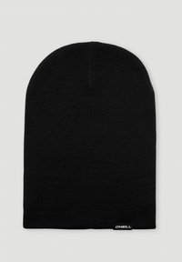 Black knitted beanie hat with a rounded top and a ribbed texture. Features a small white logo tag on the side.