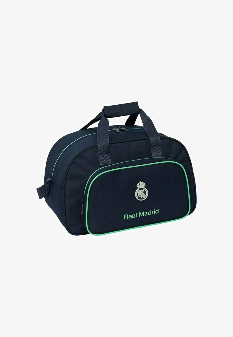 Czarna torba sportowa z zielonymi akcentami, z przednią kieszenią, podwójnymi uchwytami oraz haftowanym logo i nazwą Real Madryt.