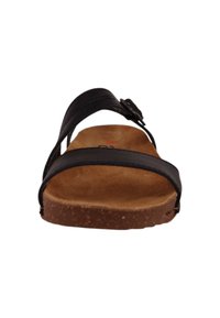 Black leather sandal with two slim straps, a cork footbed, and adjustable metal buckle. Textured brown insole for comfort and grip.