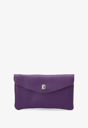 Purple leather wallet with a textured finish, featuring an envelope-style flap and a metallic snap closure. Text embossed on the front.