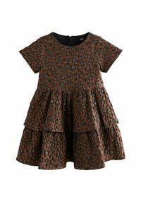 Abito a strati marrone con motivo leopardato, maniche corte e tessuto texture con una leggera lucentezza. Progettato con scollo rotondo.