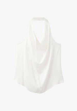 Weiße ärmellose Bluse mit einem drapierten Ausschnitt, aus glattem Stoff gefertigt, mit einem fließenden Design und abgerundetem Saum.