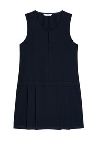 Ärmelloses, navy-blaues Schul-Overall-Kleid mit Reißverschluss an der Vorderseite und dezenten Falten am Saum.