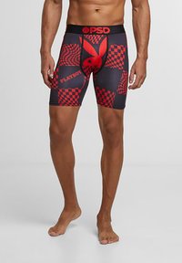 Boxer-briefs noirs avec un motif à carreaux rouges, un grand logo Playboy rouge et une taille élastique douce portant la marque "PSD".