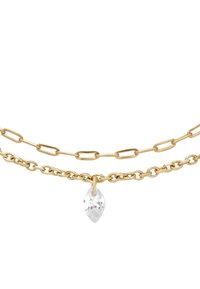 Guldlagt kæden halskæde med en kæde med aflange led og en anden med mindre runde led, accentueret af en klar dråbeformet vedhæng.