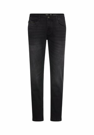 Schwarze Denim-Jeans im Slim-Fit-Style mit Knopfverschluss, fünf Taschen-Design und dezenten Ausbleichungen für eine strukturierte Optik. Glatte Oberfläche ohne Verzierungen.