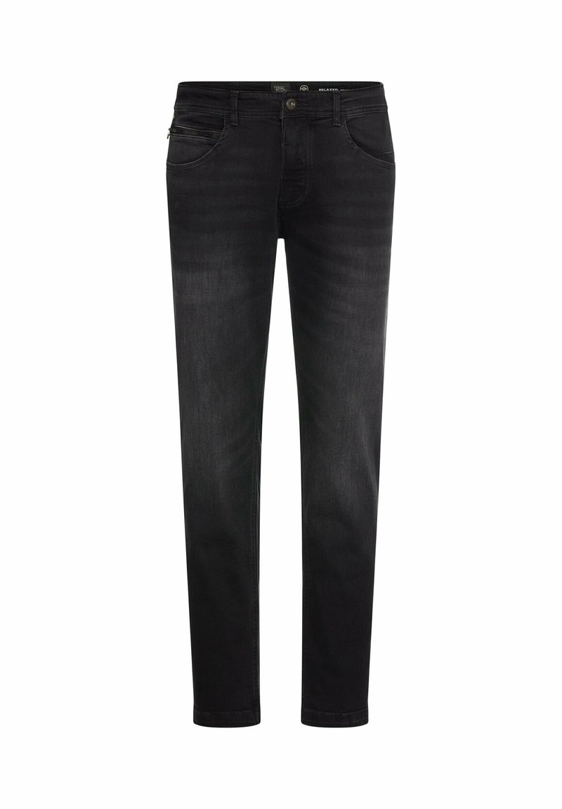 Zwarte denim jeans met een slim fit, met een knoopsluiting, vijf-pocket ontwerp en subtiele vervaging voor textuur. Glad materiaal zonder versieringen.
