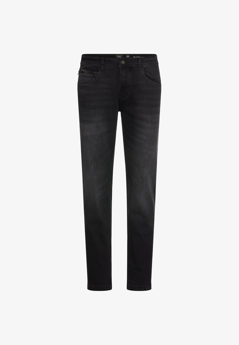 Jean en denim noir à coupe slim, avec une fermeture à bouton, un design à cinq poches et un léger délavage pour la texture. Fini lisse sans embellissements.