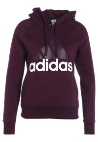 Sudadera con capucha color burdeos con un gran logotipo blanco de "adidas" y un diseño geométrico. Presenta puños y dobladillo acanalados para un ajuste ceñido.