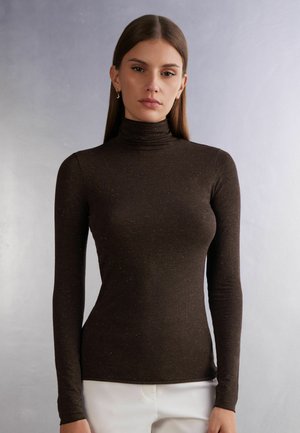 HIGH-NECK - Long sleeved top - braun marrone scuro lame