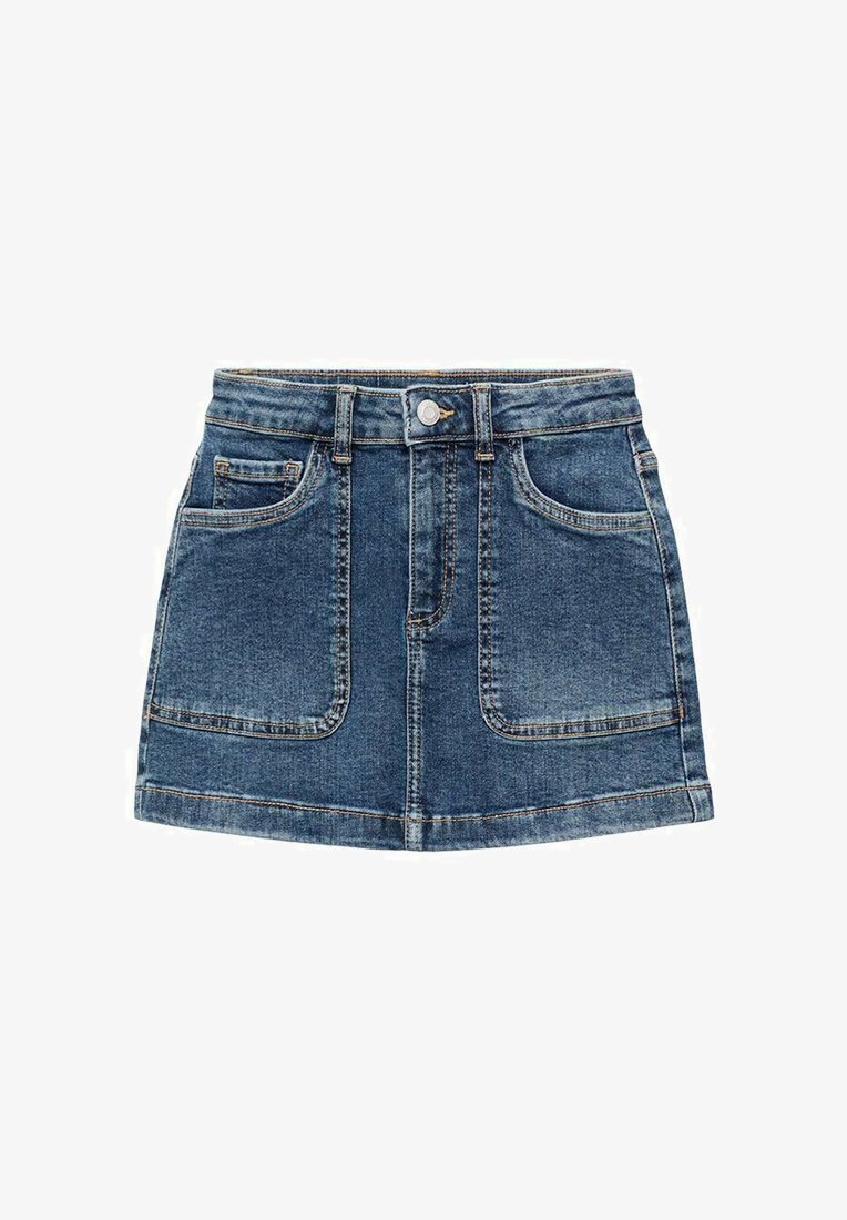 Denim krilo v temno modri barvi s tesnim pasom, dvema sprednjima žepoma in izrazitimi šivi. Kratka dolžina s klasičnim oblikovanjem.