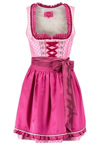 Vestido dirndl rosa con un corpiño estampado con diseños de corazones, frente de cordones y una falda rosa sólida con lunares y acentos de cinta de satén.