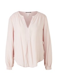 Blouse rose clair à manches longues avec un col en V, épaules froncées, détail de plis à l'avant et manches à boutons.