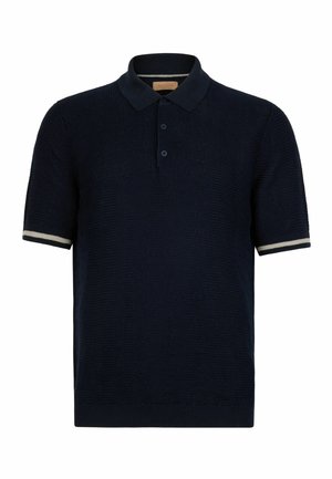 Marineblaue Kurzarm-Poloshirt mit Struktur, zwei Knöpfen und weißen gestreiften Ärmelbündchen.