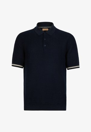 Marineblaue Kurzarm-Poloshirt mit Struktur, zwei Knöpfen und weißen gestreiften Ärmelbündchen.