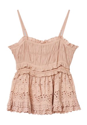 Lyserød ærmeløs top med tynde stropper, flæsedetaljer og blomsterbroderi med hulmønster på den nederste halvdel.