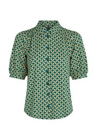 Maglietta a maniche corte verde con un motivo intrecciato di crema e accenti arancioni. Presenta un colletto a punta e una chiusura con bottoni. Tessuto morbido al tatto.