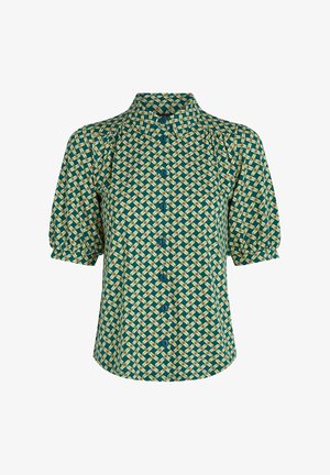 Kurzarmhemd in Grün mit einem gewebten Muster in Creme- und Orangeakzenten. Mit spitzem Kragen und Knopfleiste. Weicher Stoff.