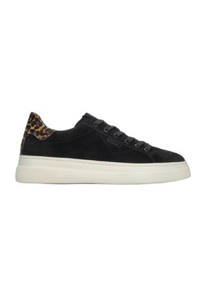 Suede black sneaker with a white rubber sole, featuring a leopard print accent on the heel and gray laces. Smooth surface texture.