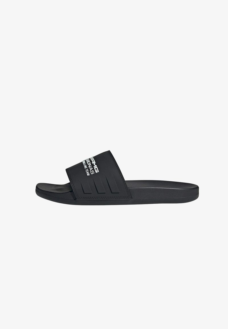 Black slide sandals with a textured strap, featuring three horizontal grooves and white logo text. Made from smooth, durable material.