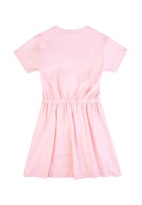 Rosa kurzärmeliges Kleid mit Rundhalsausschnitt und elastischem Taillenbund, das in einen gerafften Rock ausläuft. Glattes Baumwollgewebe.
